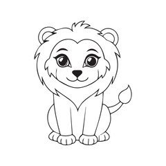 Cute lion cub coloring page for kids. Adorable cartoon safari animal sitting. Black and white line art illustration for children's activity book.