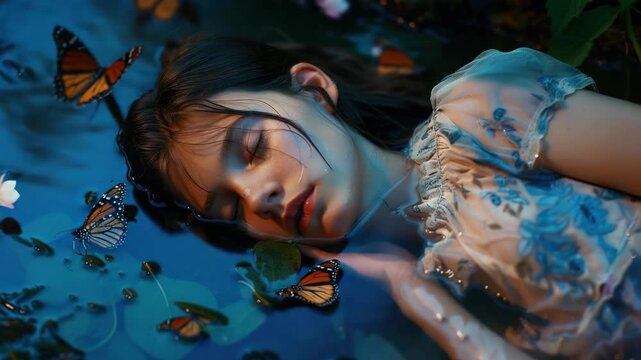 A young woman sleeping in a pond full of butterflies. The image is dreamy and peaceful, capturing the beauty of nature.