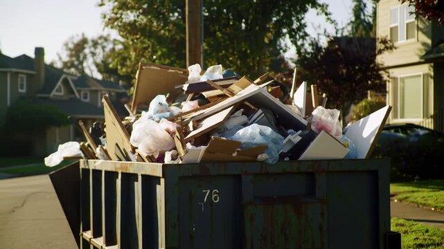Trash overflowing from a dumpster in front of houses