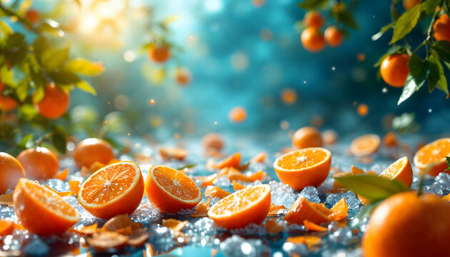 Vibrant Orange Slices on Ice with Dreamy Turquoise Bokeh Background