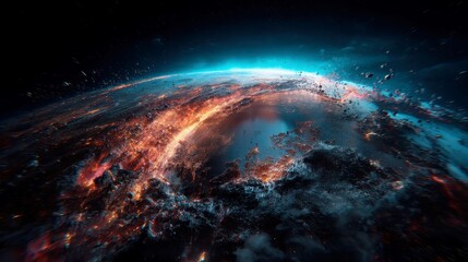 Fototapeta premium Digital Earth of luminous particles and flowing code, encircled by satellites, expansive panorama, vibrant deep blue hues, evoking a sense of futuristic connectivity and technology.
