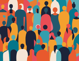 An abstract painting showcases a group of diverse, colorful, and indistinct figures standing together, representing unity, diversity, and shared human experience in a vibrant artistic style.