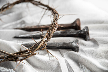 Crown of Thorns and Holy Nails associated with the Passion of Jesus Christ. Symbol of the...