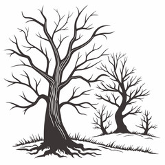 Dead trees vector set, scary autumn bark, dry bare branch silhouette, Halloween spooky forest. Cemetery winter oak wood kit, leafless trunk clipart on white bare roots. Environment icon - Royalty-free