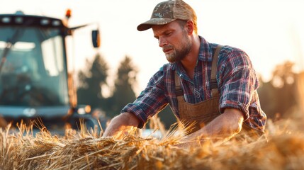 A farmer in a cap and plaid shirt carefully inspects a bundle of wheat in a sunlit field near harvesting machinery.