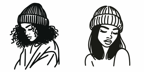 A black girl wear Beanie hat. Minimal Cartoon Animal Clipart Silhouette Vector Line Art Illustration. African child in headgear dark-skinned kid adorns knitted skull covering.