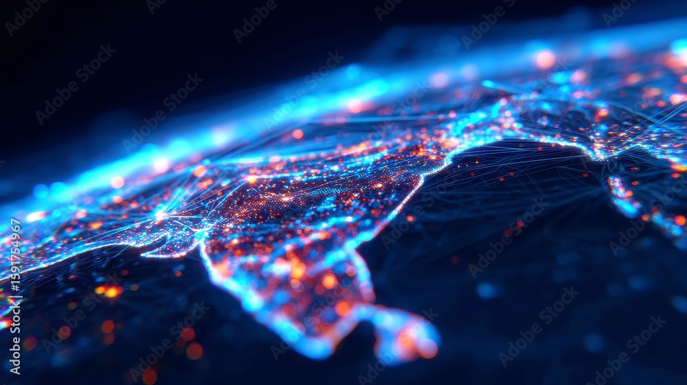 Poster digital globe in cyberspace, a high-tech representation of a globe with interconnected nodes and dat