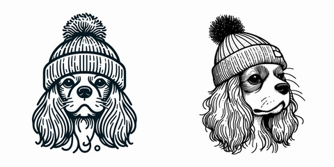 A Cavalier King Charles Spaniel Dog wear Beanie hat. Minimal Cartoon Animal Clipart Silhouette Vector Line Art Illustration. Small canine in knit head covering breed pet.