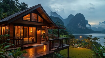 Scenic retreat house at lake thailand night view nature photography tranquil environment