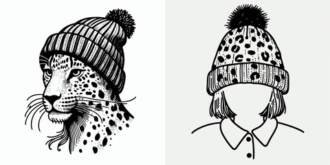 A Leopard wear Beanie hat. Minimal Cartoon Animal Clipart Silhouette Vector Line Art Illustration. Feline in knit head covering spotted wearing warm winter apparel.
