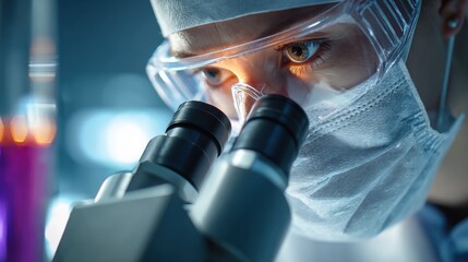 A scientist wearing protective gear closely examines samples through a microscope in a laboratory setting.