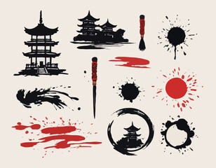 Japanese ink brush vector stain set, asian symbol collection, oriental tiger, samurai, pagoda circle. Calligraphy paintbrush traditional object, dye splatter watercolor drips. Japanese ink design © mjonb 