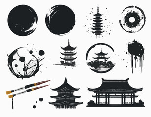 Japanese ink brush vector stain set, asian symbol collection, oriental tiger, samurai, pagoda circle. Calligraphy paintbrush traditional object, dye splatter watercolor drips. Japanese ink design
