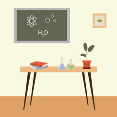 Classroom interior with science theme, books, board, laboratory equipment and plant on wooden table. School chemistry room. Vector illustration in flat style.