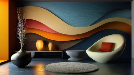 Stylish interior design showcase modern living room wall art contemporary style eye-level view aesthetic appeal