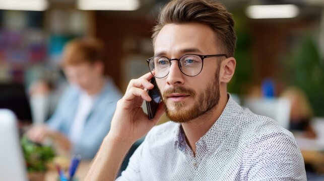 A young man with glasses talks on a smartphone in a casual office setting with blurred colleagues in the background.