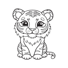 Cute tiger cub coloring page for kids. Adorable cartoon safari animal sitting. Black and white line art illustration for children's activity book.