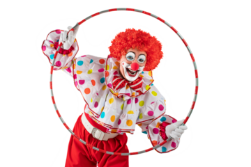 Funny clown looking through hula hoop in the circus, man entertainer as Joker in a suit and wig, with clown whiteface makeup. Trickster, jester, pantomime, mime, and a professional actor at events