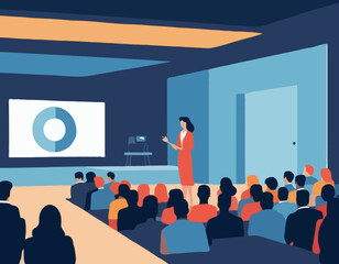 Conference or scientific seminar. Woman performing on stage in front of an audience in the hall. Business lecture, event