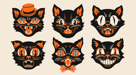 Various Cat portraits. Different faces, emotions. Retro, vintage, traditional tattoo style. Hand drawn trendy Vector illustration. Isolated design elements. Print, sticker, logo, avatar templates