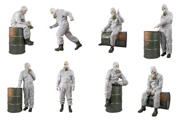 Isolated man in a gas mask and protective suit. Barrel of toxic waste. Set of various poses