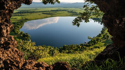 Scenic overlook of tranquil lake lush green landscape aerial view serene environment nature photography