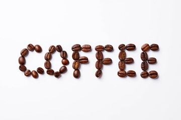 Top view of the word coffee written with coffee beans on white background with space for text.