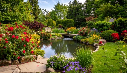 Fototapeta premium Colorful garden with pond and bridge