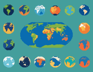 Pixel Earth. Globe world map in color and silhouette pixel art 8 bit style, oceans and continents. Earth planet for retro game and eco concept. Vector isolated icons
