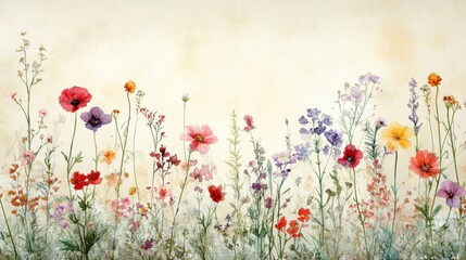 Beautiful seamless floral water color pattern Set, watercolor wild flowers, leaves and grass,Collection botanic garden elements. Vector isolated illustration in rustic or vintage style,copy space.