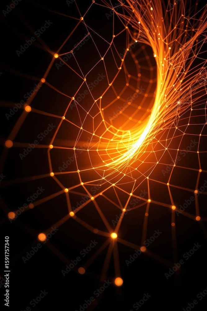 Poster digital network pattern with glowing lines and nodes forming a spiral design in dark background