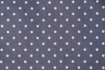 The fabric showcases a classic navy blue background adorned with a repeating white polka dot pattern.