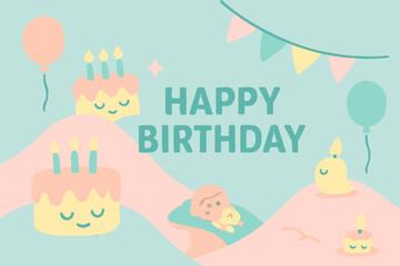 Happy Birthday! Cute pastel illustration featuring cakes, balloons, and bunting, perfect for cards, banners, and party invitations. Ideal for celebrating birthdays with a cheerful and whimsical