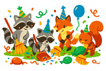 Fototapeta premium Cute raccoons, fox, and squirrel cleaning up colorful confetti and balloons after a fun party in a green grassy area. 