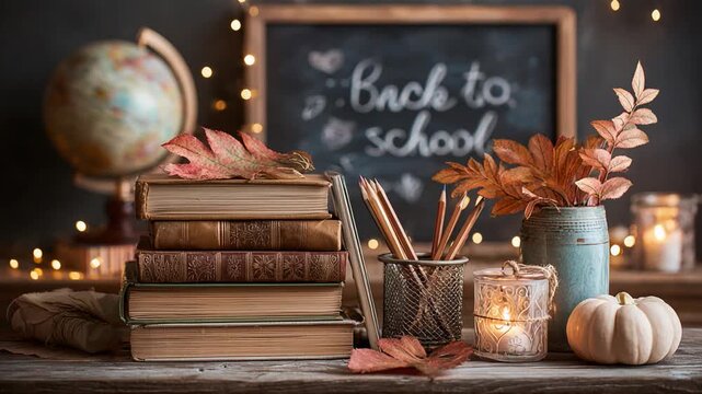 Back to school setup with rustic decor and autumn leaves in a cozy study area