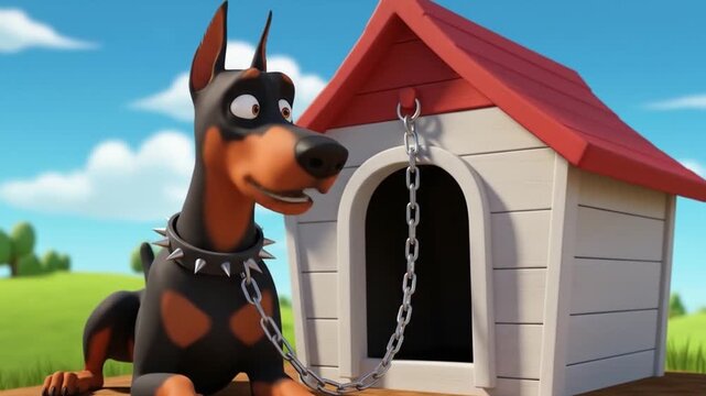 Doberman cartoon pinscher near red roofed doghouse. Suitable for pet related designs, dog care illustrations, or humorous animal themed projects.