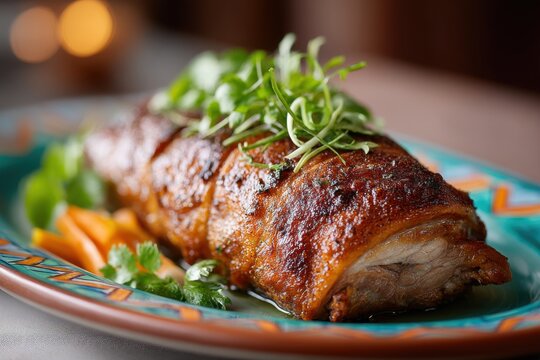 Whole roasted cuy served on a colorful platter with fresh herbs and vegetables