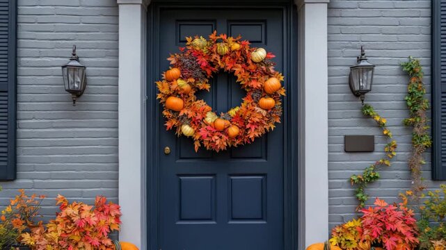 Blue front door with festive autumn wreath made of pumpkins and colorful leaves. Pumpkins and foliage decorate the doorstep. Cozy fall entrance scene.