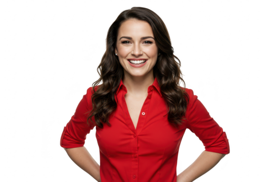 A confident young woman with wavy brown hair, wearing a red shirt, smiling with her hands on her hips, isolated on white isolated on transparent background