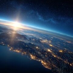 Fototapeta premium Aerial View Of Glowing Cities At Sunrise Over Earth