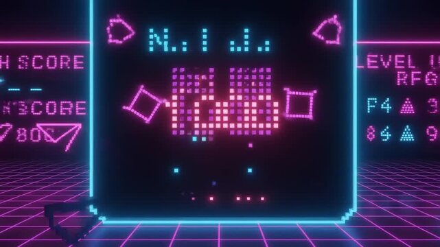 Retro arcade game screen displaying vibrant neon graphics with score and level indicators