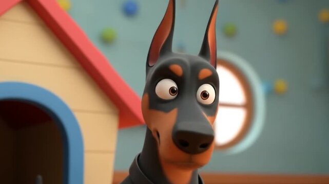 Cartoon Doberman pinscher sitting near dog house is perfect for childrens books, pet products, and veterinary clinic marketing materials.
