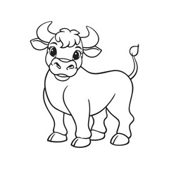 Cute bull coloring page for kids. Cartoon farm animal standing. Black and white line art illustration for children's activity book.