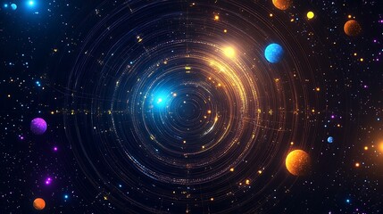 Abstract Space Artwork Featuring Colorful Planets and Concentric Light Rings