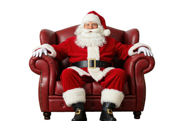 A jolly santa claus sitting comfortably in a red leather armchair, isolated on a transparent background