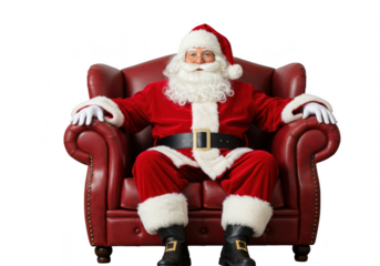 A jolly santa claus sitting comfortably in a red leather armchair, isolated on a transparent background