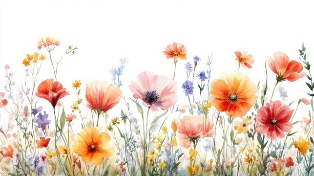 Beautiful seamless floral water color pattern Set, watercolor wild flowers, leaves and grass,Collection botanic garden elements. Vector isolated illustration in rustic or vintage style,copy space. - Powered by Adobe