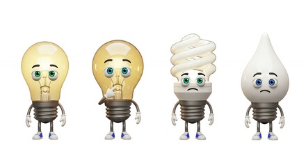 Cartoon lightbulbs in various stages of emotional display