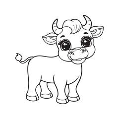 Cute bull coloring page for kids. Cartoon farm animal standing. Black and white line art illustration for children's activity book.