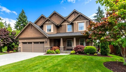 Suburban home with lush landscaping under a partly cloudy sky